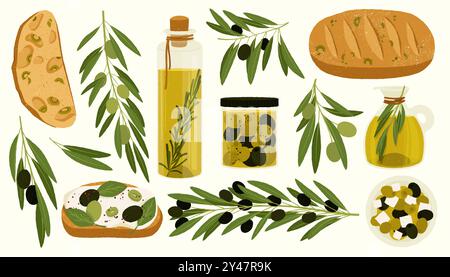Produits oléicoles. Huile et feuille biologiques de dessin animé, ingrédients cosmétiques naturels d'olive pour les soins de la peau, nourriture végétarienne saine. Ensemble isolé de vecteur. Illustration de Vecteur