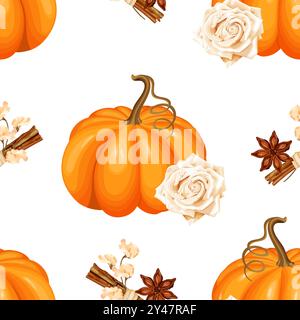 Modèle d'automne Seamless Vector avec citrouilles orange, roses beiges, bâtons de cannelle et anis étoilé. Illustration de Vecteur