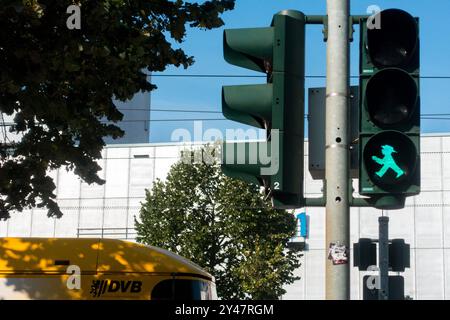 Vert piéton feu de circulation Dresde Allemagne Ampelmannchen homme avec chapeau signal pour la marche, symbole est-allemand Banque D'Images