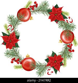 Une couronne de Noël festive avec des fleurs poinsettia, des boules rouges, des cannes de bonbon et de la verdure de pin, parfaite pour les décorations de vacances ou les invitations. Illustration de Vecteur