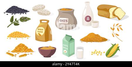 Grains de céréales. Caricature farine de céréales riz blé orge maïs avoine de seigle, aliments biologiques pour le petit déjeuner, agriculture et concept agricole. Ensemble de vecteurs. Illustration de Vecteur