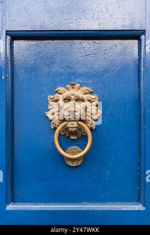 Paraty, Brésil. Vieux frappeur en tête en laiton façonné dans une porte en bois peint bleu foncé. Banque D'Images