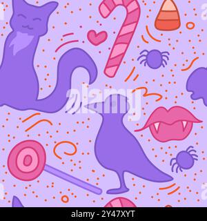 Joli motif sans couture d'Halloween avec corbeau et chat noir et bonbons. Illustration de Vecteur