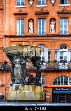 Toulouse, France - 8 septembre 2024 : fontaine de la place de la Trinité dans le centre historique de Toulouse Banque D'Images