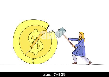 Continue d'une ligne dessinant femme d'affaires arabe se préparant à frapper pièce de monnaie avec le symbole du dollar. Échec de l'obtention d'un nouvel investisseur. Impossible d'obtenir un revenu. Exprimer Illustration de Vecteur