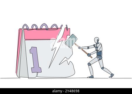 Robot intelligent de dessin de ligne continue unique se préparant à frapper le grand calendrier de bureau. Expression très en colère. Beaucoup de délais, des horaires de vacances becom Illustration de Vecteur