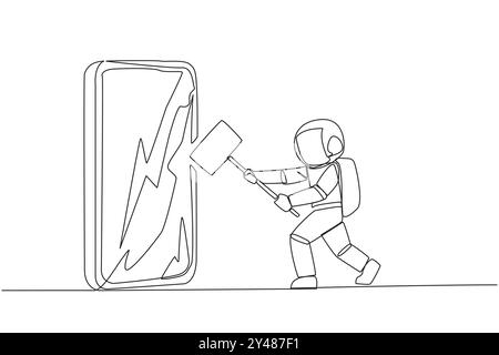 Une ligne continue dessinant jeune astronaute se préparant à frapper le grand smartphone. La technologie peut être destructrice si elle n'est pas utilisée correctement. L'intelligence est requi Illustration de Vecteur