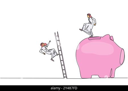 Continu d'une ligne dessinant un homme d'affaires arabe donne des coups de pied Rival qui grimpe à tirelire avec escalier. Faire tomber les adversaires donc n'ont aucun investissement dans fut Illustration de Vecteur