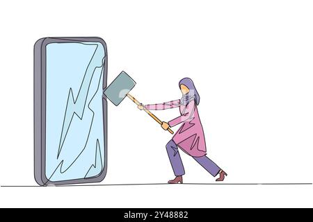 Simple ligne continue dessinant femme d'affaires arabe se préparant à frapper le grand smartphone. La technologie peut être destructrice si elle n'est pas utilisée correctement. Intelligence Illustration de Vecteur