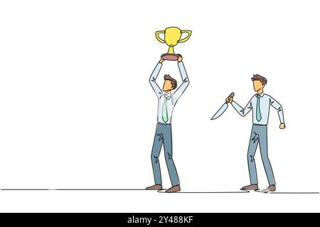 Continue d'une ligne dessinant homme d'affaires debout de levage trophée. Les amis d'affaires se préparent à poignarder dans le dos. Concurrence commerciale malsaine. Le tra Illustration de Vecteur