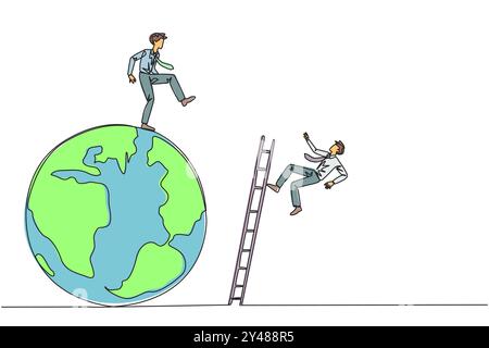 Simple ligne continue dessinant homme d'affaires coups de pied adversaire qui grimpe le globe avec une échelle. N'a pas réussi à être au sommet du monde. Largué par busine Illustration de Vecteur
