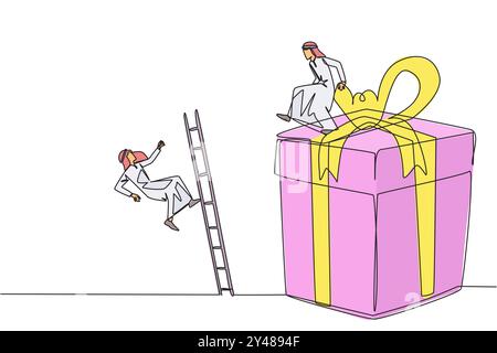 Simple ligne continue dessinant l'homme d'affaires arabe donne des coups de pied à l'adversaire qui grimpe la boîte cadeau avec l'échelle. La concurrence justifie tout moyen d'obtenir rew Illustration de Vecteur