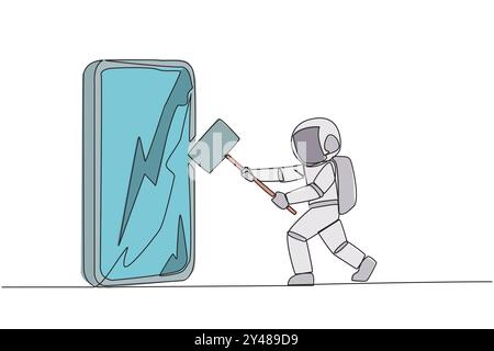 Une ligne continue dessinant jeune astronaute se préparant à frapper le grand smartphone. La technologie peut être destructrice si elle n'est pas utilisée correctement. L'intelligence est requi Illustration de Vecteur