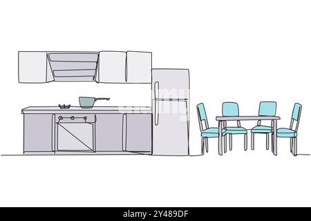 Une ligne continue dessinant la salle de cuisine a une sensation classique élégante. La table à manger dans une rangée donne une impression minimaliste. Kitc de style semi-moderne Illustration de Vecteur