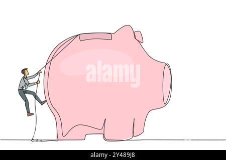 Simple une ligne dessinant homme d'affaires grimpant tirelire avec corde. Entrepreneur travaillant dur pour faire des investissements préparant à la retraite. Smart Worke Illustration de Vecteur