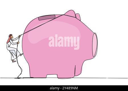 Ligne continue unique dessinant homme d'affaires arabe grimpant tirelire avec corde. Entrepreneur travaillant dur pour faire des investissements préparant à la retraite. Illustration de Vecteur