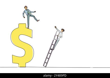 Simple ligne continue dessinant homme d'affaires donne des coups de pied à son rival qui grimpe un symbole du dollar avec une échelle. Concurrence malsaine. Utilisation de méthodes approximatives pour Illustration de Vecteur