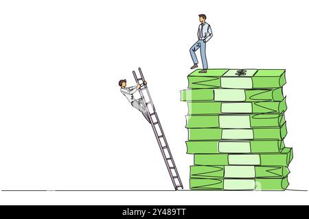 Continu une ligne dessinant homme d'affaires coups de pied adversaire qui est grimpe pile de billets de banque avec échelle. Luttez ensemble, mais vous voulez réaliser de gros profits a Illustration de Vecteur