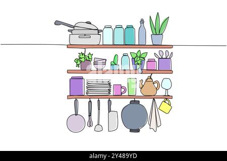 Une seule ligne dessinant des ustensiles de cuisine dans une image vectorielle. Grille murale pleine d'ustensiles de cuisine. Disposition élégante. Soigné pour trouver facilement les ute de cuisson Illustration de Vecteur