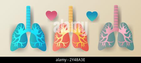 Concept d'anatomie des poumons trois poumons colorés avec fond pastel de thème médical de style de coupe de papier de coeurs Illustration de Vecteur