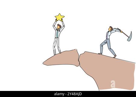 Simple une ligne dessinant homme d'affaires debout sur le bord d'une falaise tenant une étoile. Le partenaire hypocrite veut détruire la réalisation. Le trai Illustration de Vecteur