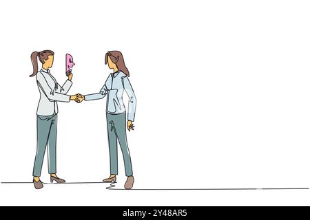Simple une ligne dessinant deux femmes d'affaires serrant la main. L'un d'eux a deux faces. Plein de mensonges. Faux ami. Pire travail d'équipe. Trahison des affaires. Illustration de Vecteur