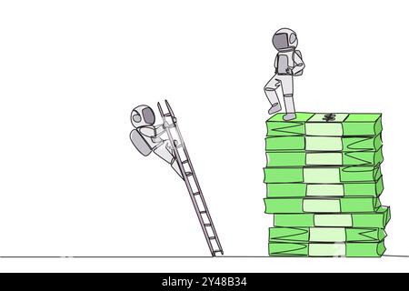 Une ligne continue dessin astronaute coups de pied adversaire qui est grimpe pile de billets de banque avec échelle. Luttez ensemble, mais vous voulez réaliser de gros profits Illustration de Vecteur