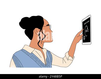 Femme utilisant le panneau de commande de la maison intelligente isolé Illustration de Vecteur
