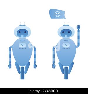 Robot ou chatbot dans un style de couleur bleu tendance. Deux androïdes avec intelligence artificielle isolés sur fond blanc. Illustration vectorielle plate Illustration de Vecteur