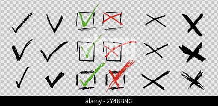 Ensemble de coches et de croix pour liste de tâches ou vote. Eléments vectoriels pour répondre par oui ou non aux questions de test. Crayon fusain rouge noir vert correct ou Illustration de Vecteur