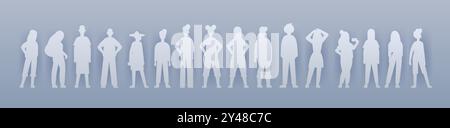 Silhouette figures de diverses personnes debout dans une rangée diverses poses minimaliste design gris fond coupé style Illustration de Vecteur