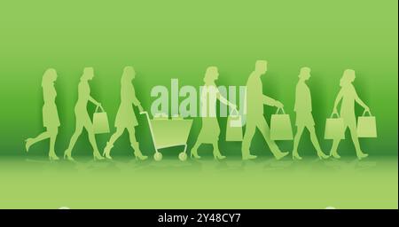 Silhouettes de shopping les gens portant des sacs vert fond panier papier coupe style Illustration de Vecteur