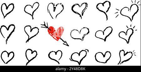 Ensemble de coeurs noirs et un cœur rouge percé de flèches. Les symboles de l'amour façonnent des silhouettes dans le style marqueur ou trait de peinture. Crayon ou crayon de cire Illustration de Vecteur