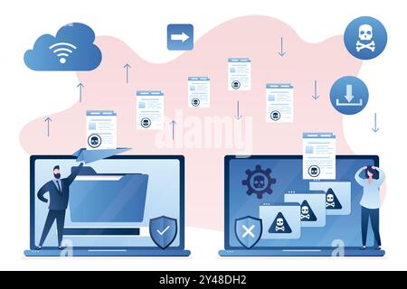 Spamming, le pirate envoie des fichiers infectés par un virus et des e-mails. Virus bot. Danger de piratage réseau. Erreurs sur l'écran du moniteur et femme malheureuse. Attaque de pirates. T Illustration de Vecteur