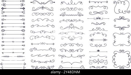 Jolis séparateurs et cadres décoratifs dessinés à la main. 60 diviseurs de texte tourbillonnant, isolés sur fond blanc. Illustration vectorielle. Illustration de Vecteur