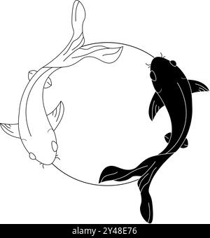 Logo de ligne de carpe de poisson Koi deux poissons dans un cercle dans le style de la peinture japonaise ou chinoise, Sumi-e. Illustration vectorielle. Illustration de Vecteur