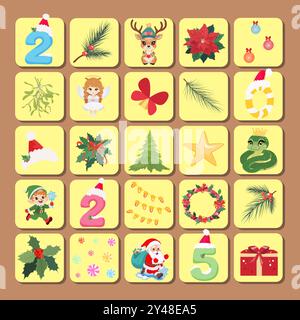 Calendrier de l'AVENT avec autocollants, modèle - ensemble d'art clip Noël pour enfants Illustration de Vecteur