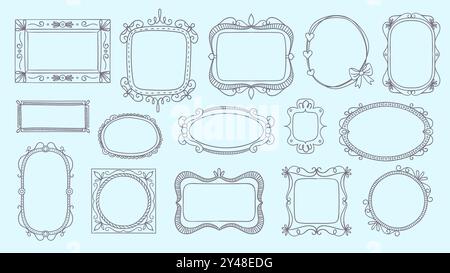 Collection de cadres décoratifs mignons. Ensemble de cadre dessiné à la main, isolé sur fond blanc. Parfait pour les planificateurs et les calendriers. Illustration vectorielle. Illustration de Vecteur