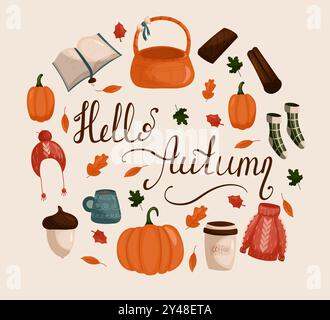Ensemble d'éléments vectoriels automne. Feuilles, citrouilles, vêtements d'automne, parapluie, hérisson, eléments de thé. L'inscription bonjour automne. Illustration dans la main Illustration de Vecteur