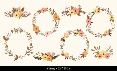 Jolies couronnes florales de saison et séparateurs dans des couleurs chaudes, parfaits pour les articles décoratifs autum. 4 couronnes et 4 séparateurs, isolés sur fond blanc. Illustration de Vecteur