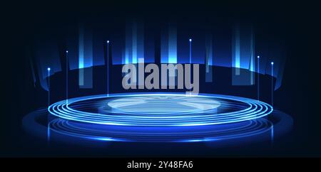Scène de lumière de cercle bleu de technologie sur fond noir Illustration de Vecteur