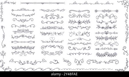 Jolis séparateurs de texte floral dessinés à la main, coins et bordures. 52 séparateurs de texte doodle, isolés sur fond blanc. Illustration vectorielle. Illustration de Vecteur