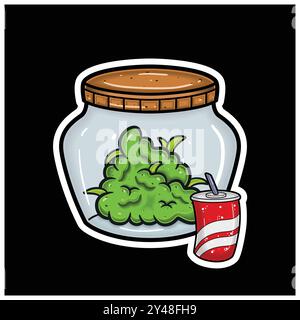Saveur de Cola avec mascotte de dessin animé de Bud de Weed sur pot. Pour autocollant et étiquette. Vecteur et illustration. Illustration de Vecteur