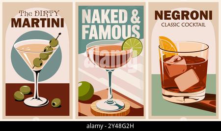 Dirty Martini, Negroni cocktail Retro posters Illustration de Vecteur