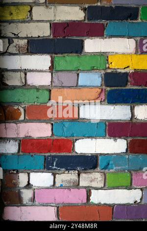 Gros plan d'un mur de briques coloré avec des briques peintes de différentes couleurs, fond de briques multicolores Banque D'Images