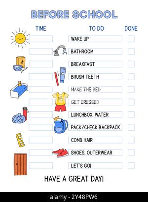 Modèle de tableau de routine du matin. Checklist pour les enfants avant l'école. Liste des tâches quotidiennes du matin pour les enfants, préparation à la journée scolaire, gestion du temps Illustration de Vecteur