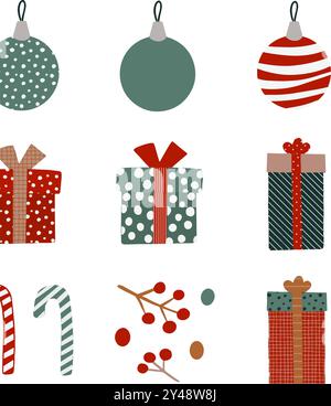Ce coffret cadeau aux couleurs vives et élégant est parfait pour toutes vos fêtes de fin d'année et est livré avec un design festif. Graphiques vectoriels dessinés à la main pour la conception d'un site Web, articles, livret, flyer, e-pack, étiquette ou publicité. Illustration de Vecteur