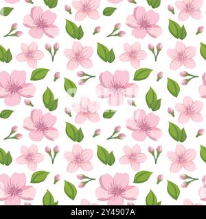 Fleurs roses et feuilles vertes sur fond blanc Illustration de Vecteur