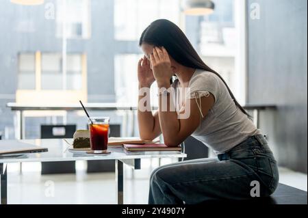 Une vue latérale d'une belle femme asiatique stressée assise dans un café moderne, se sentant fatiguée, désespérée et bouleversée par le travail. Banque D'Images