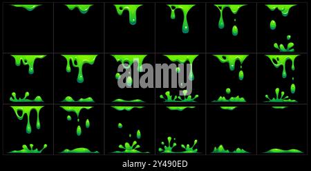 Sprite animé de slime vert, effet d'animation montrant les étapes de goutte à goutte et éclaboussure de liquide toxique flegme pour jeu vidéo. Cadre de séquence vectorielle de dessin animé de Gooey, goutte à goutte de poison slimy, storyboard gui Illustration de Vecteur